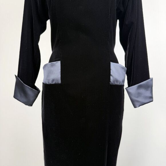 Vintage 80s Depêche Mode Black Velvet Cocktail Dress Satin Trim Mock Neck Korea - Picture 5 of 10